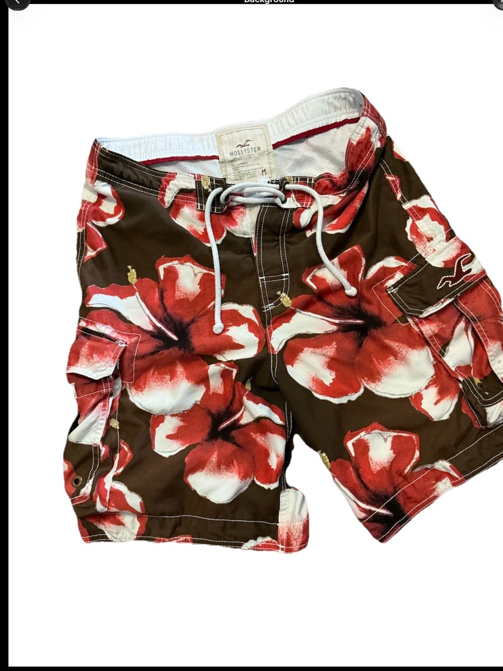 Hollister Men’s Medium Hawaiian Hibiscus Board Shorts Swim Trunks Brown Floral